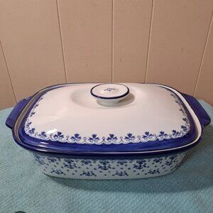 WCL China hand-painted fleur-de-lis blue and white casserole dish